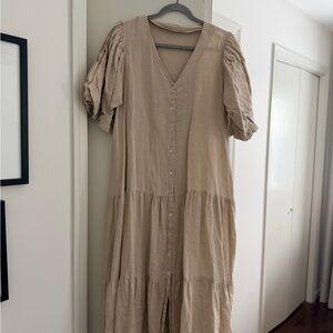 MANGO PUFF SLEEVE 100% LINEN BEIGE LONG BUTTON DOWN DRESS - Size 8